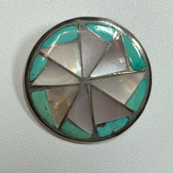 Signed Native Sterling Silver Mother of Pearl Turquoise Pinwheel Zuni Inlay 925 - Picture 1 of 8